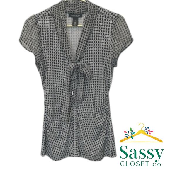 WHBM Black White Blouse Tie Front Cap Sleeve Career Smart Casual Work Size S EUC - Picture 1 of 6